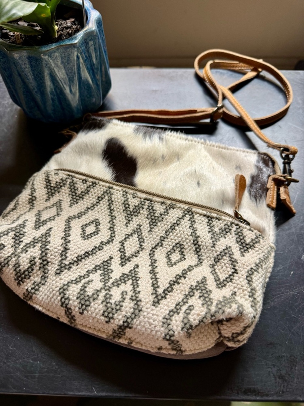 Myra Bag Textured Ivory and Brown Crossbody Bag with Leather Strap